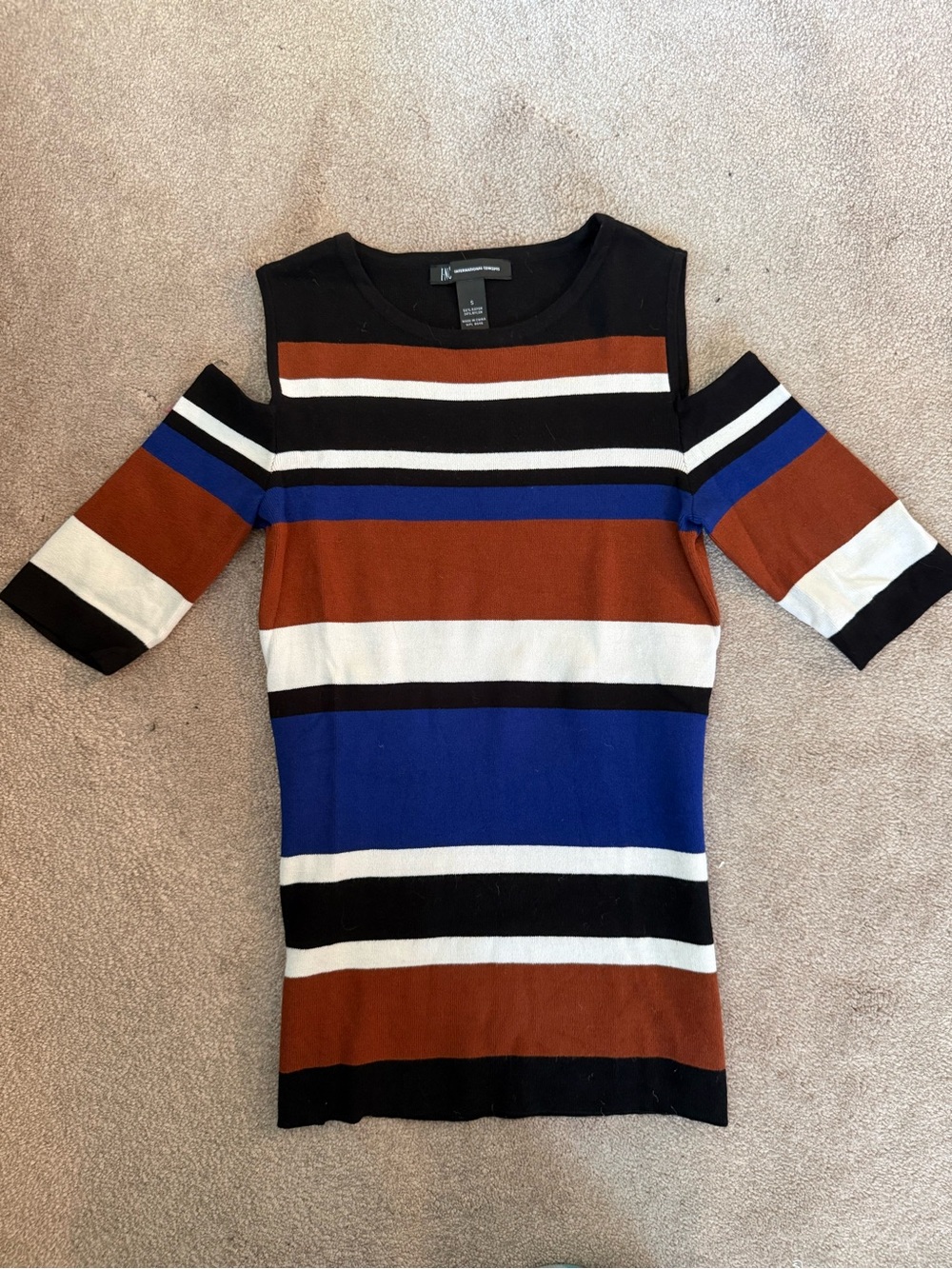 Striped Cold-Shoulder Knit Dress in Rust, Blue & Black
